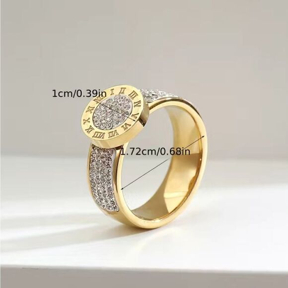 Stainless Steel 14K Gold Plated Numerals Inlaid Lab Diamond Luxury Ring Size 7 - Picture 10 of 15